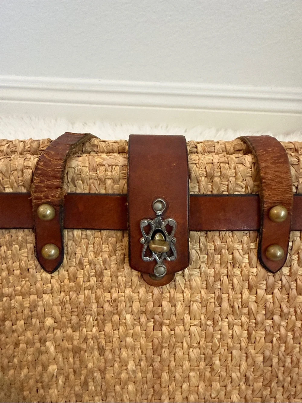 1960’s John Romain Bohemian Straw Attaché Bag  with Brown Leather Trim